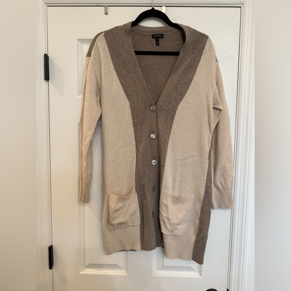Escada Cream Tan Wool Blend Button Down Colorblock Cardigan Small